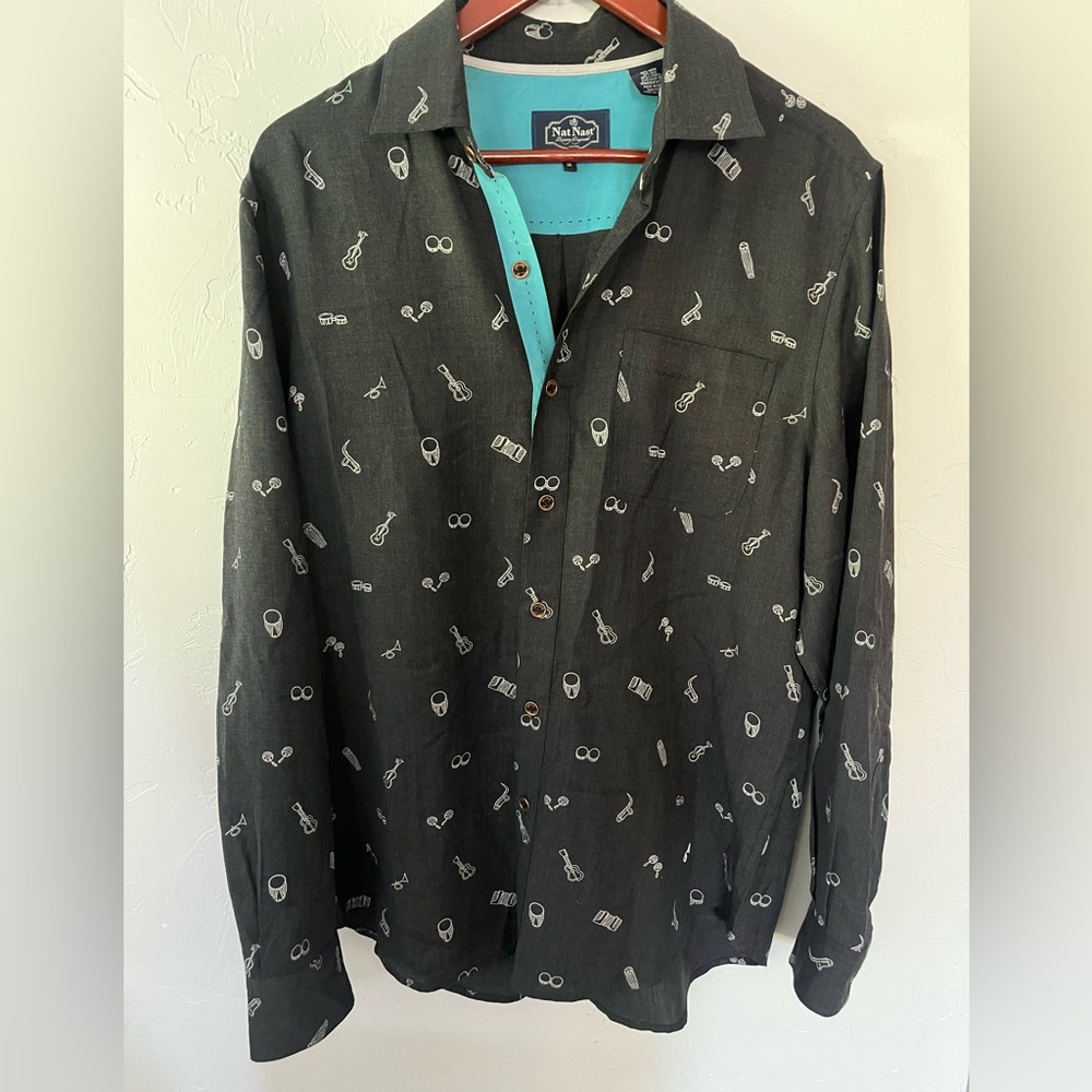 Nat Nast Black‎ and Blue Wool Silk Blend Long Sleeve Musical Men's Medium
